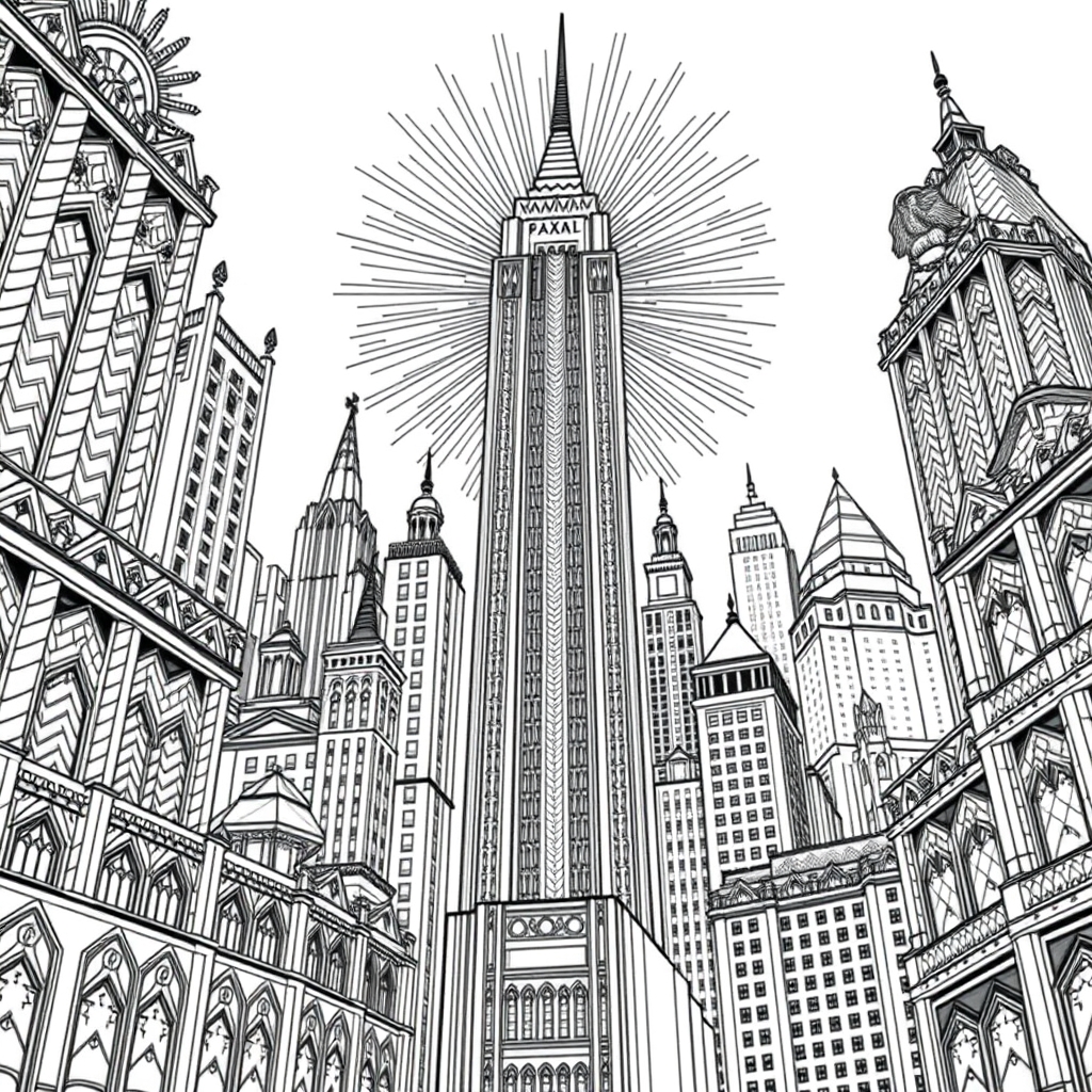 Art Deco Skyline Symphony - printable coloring page