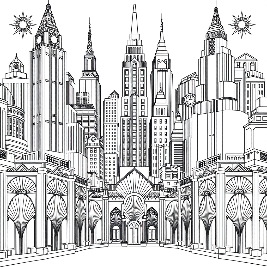 Art Deco Skyscraper Cityscape - coloring page preview