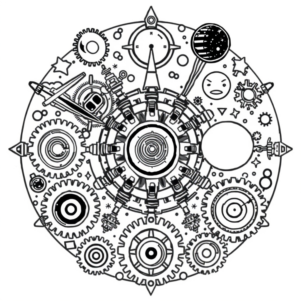Celestial Gearwork Odyssey - coloring page preview