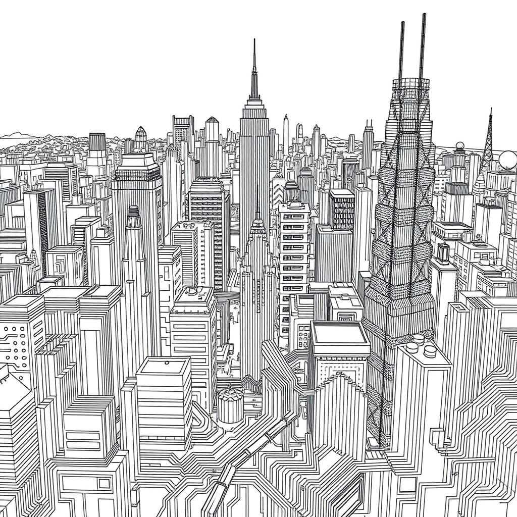 Cyberpunk Circuit Board Cityscape - coloring page preview