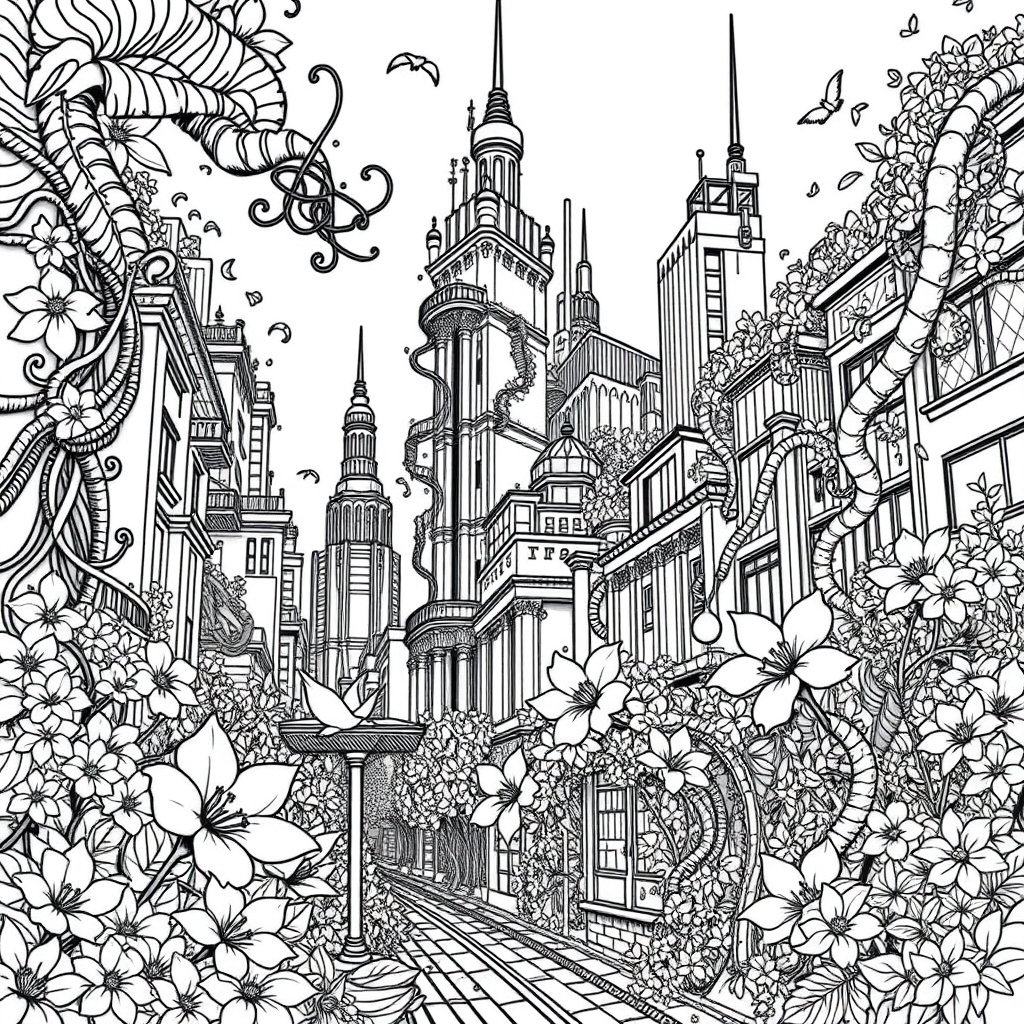 Dark Bloom City - coloring page preview