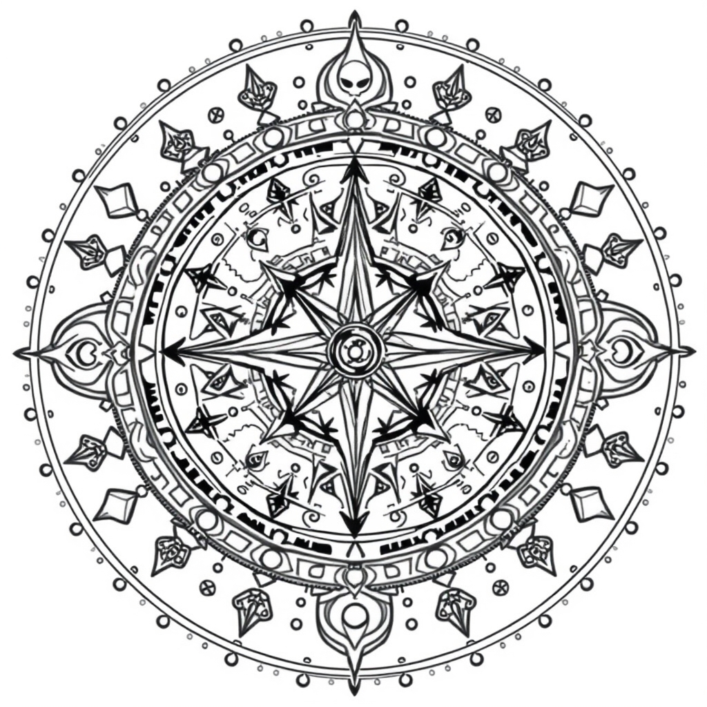Intricate Celestial Compass - coloring page preview