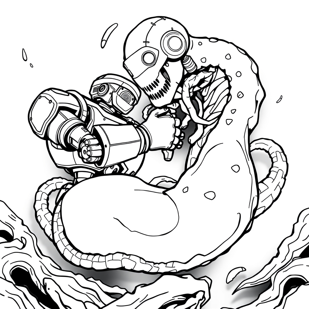 Robot Kraken Smackdown - coloring page preview