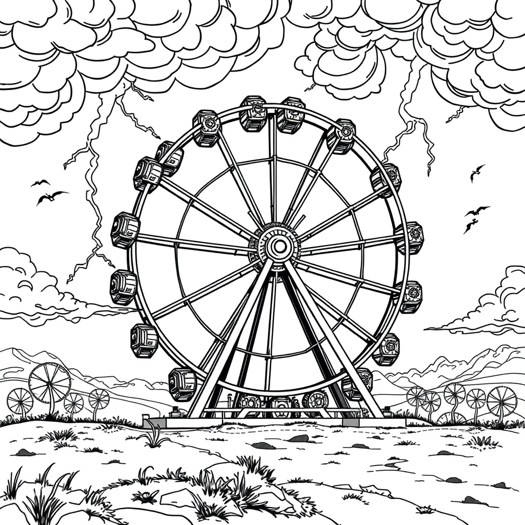 Stormy Steampunk Wheel - coloring page preview