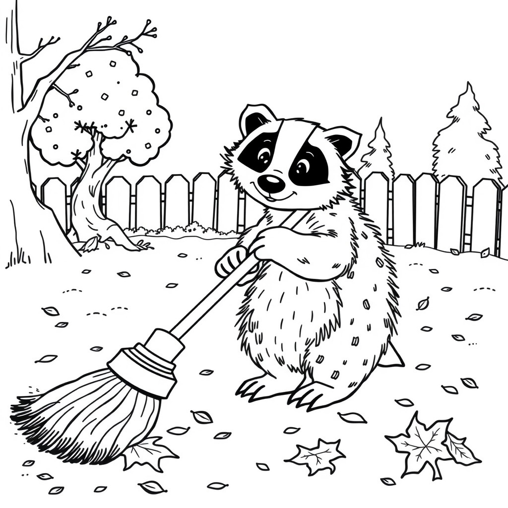 Badger Sweeps Autumn Leaves coloring page