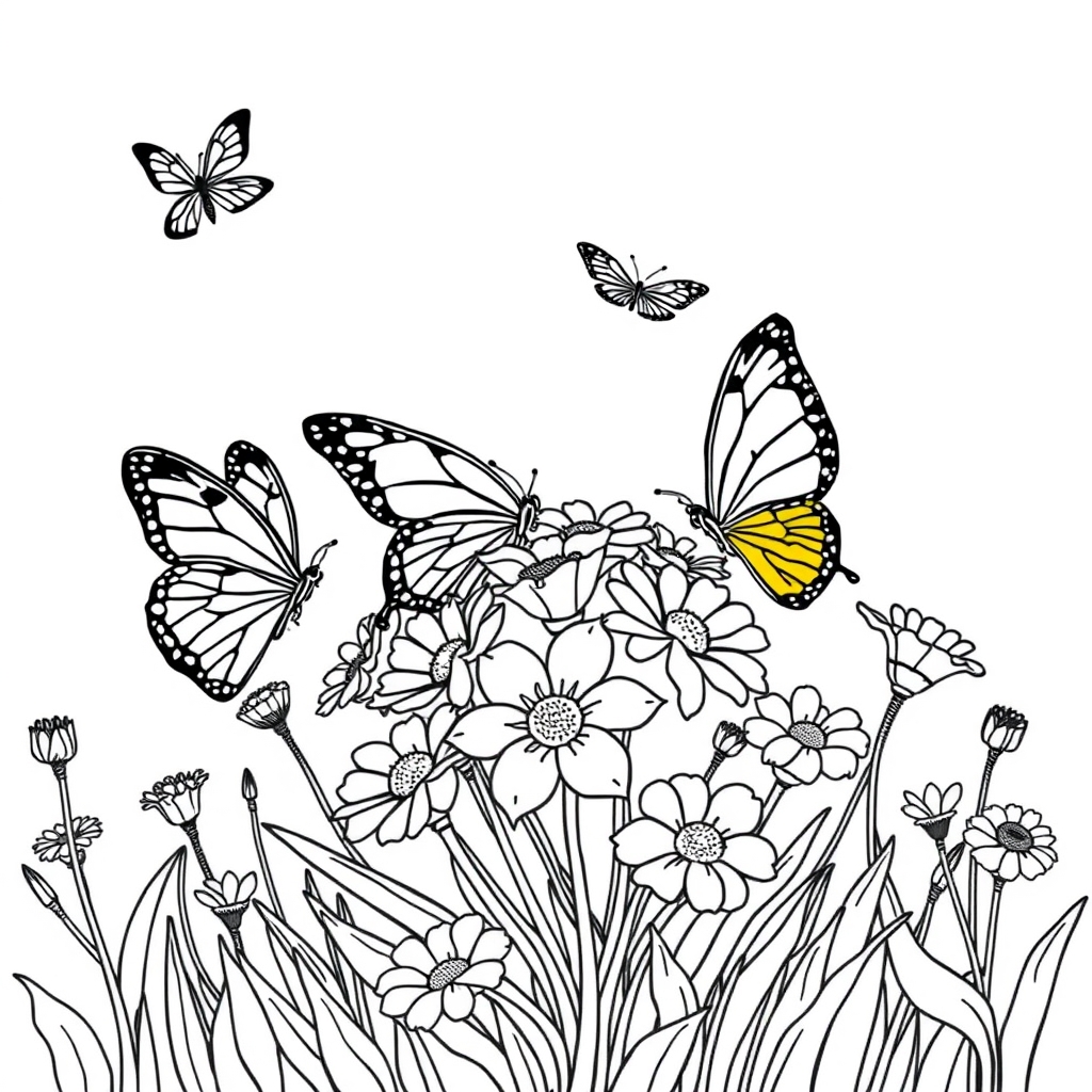 Butterflies At Flowers coloring page