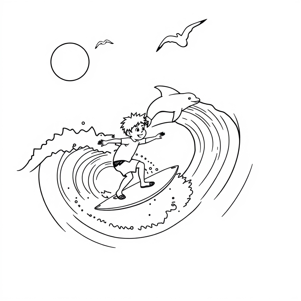 Dolphin And Kid Surf Wave coloring page