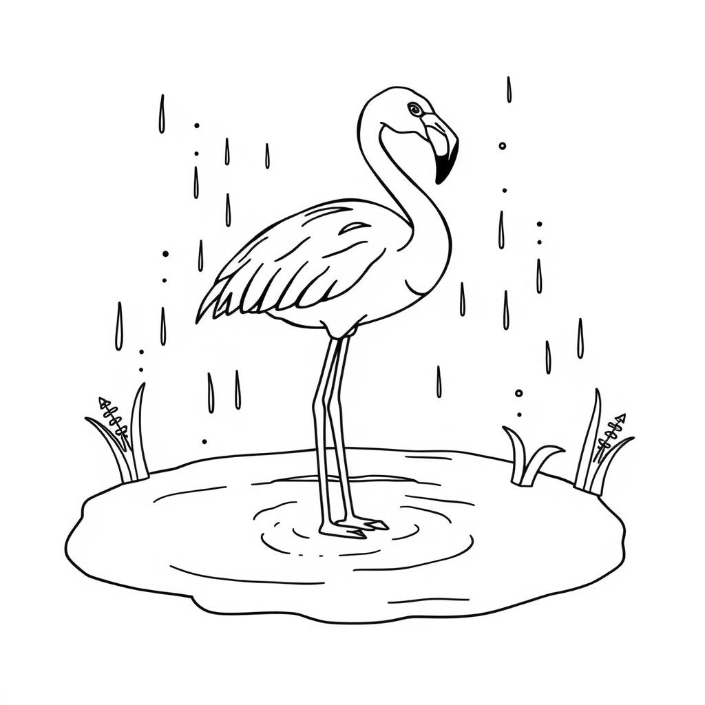 Flamingo In Rain Puddle coloring page