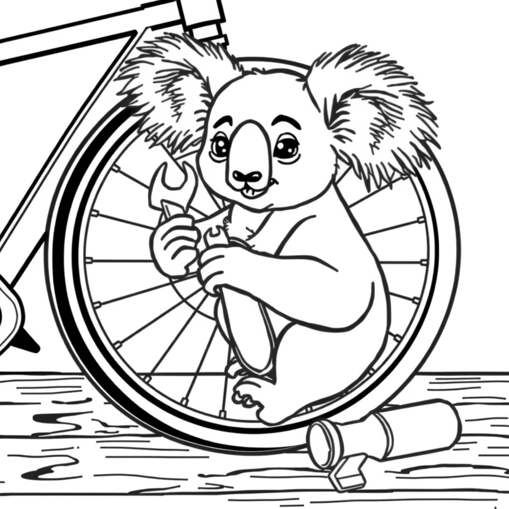 Koala Fixes Bike Wheel coloring page