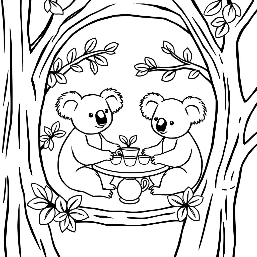 Koalas in a Cozy Treehouse Tea Party coloring page
