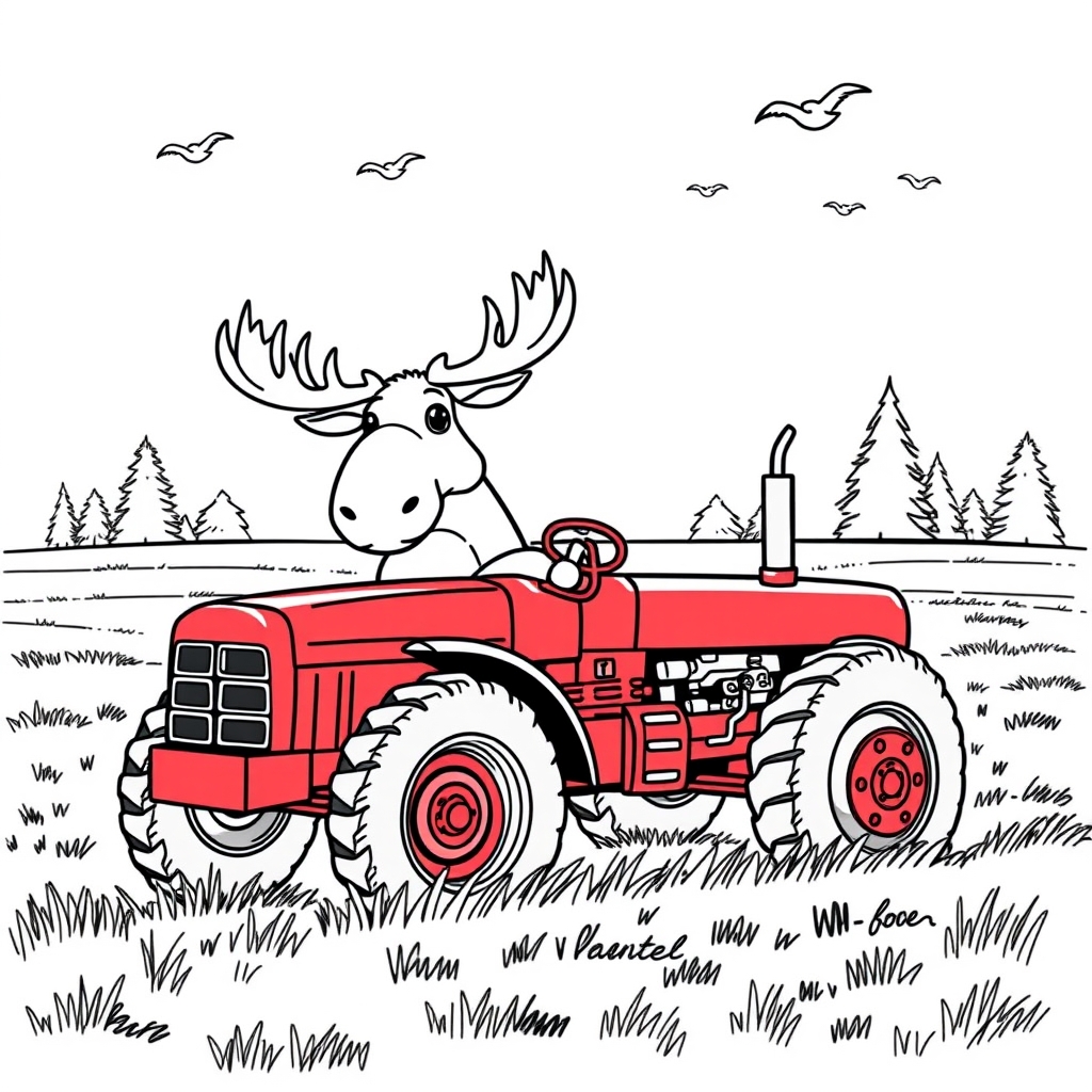 Moose Drives Tractor Home coloring page