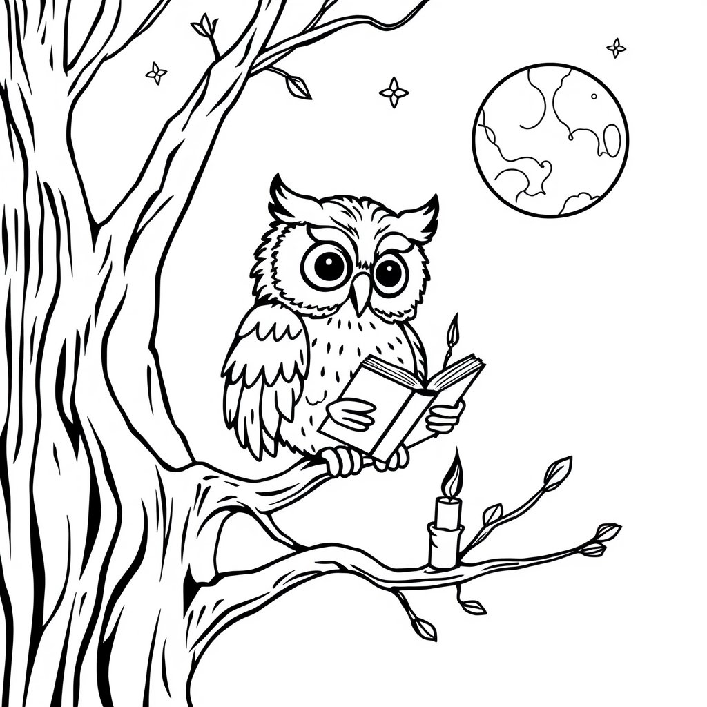 Owl Reads By Candle coloring page