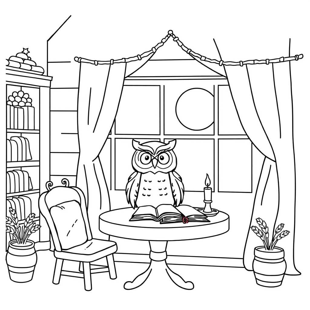 Owl Reads By Moon Candle coloring page