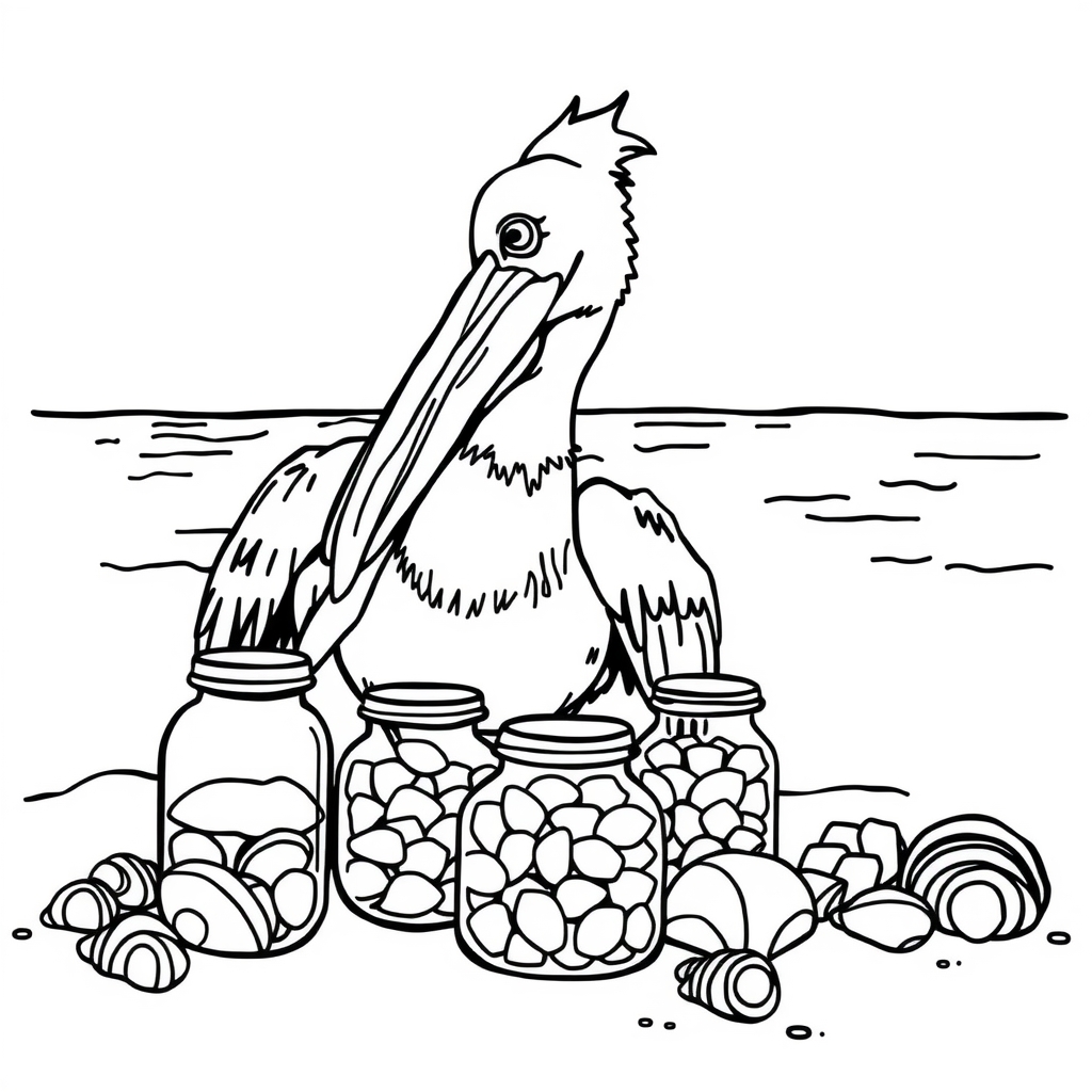 Pelican Sorts Shells coloring page