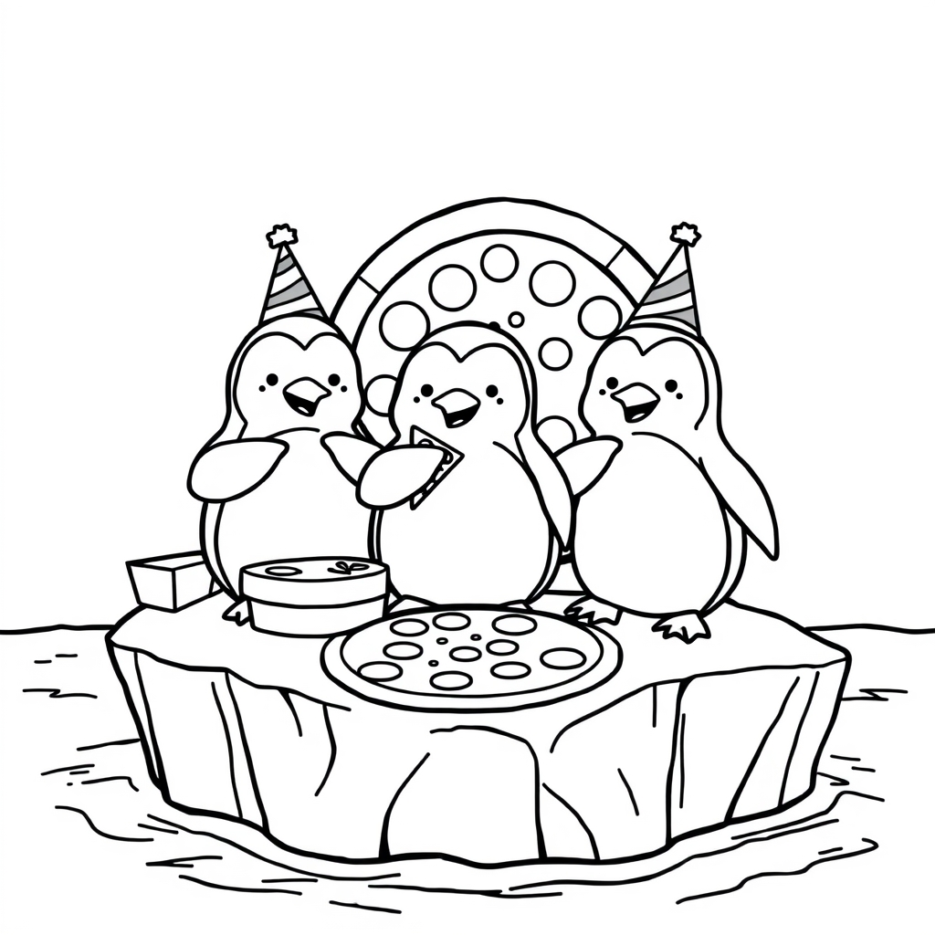 Penguin Pizza Party Fun coloring page