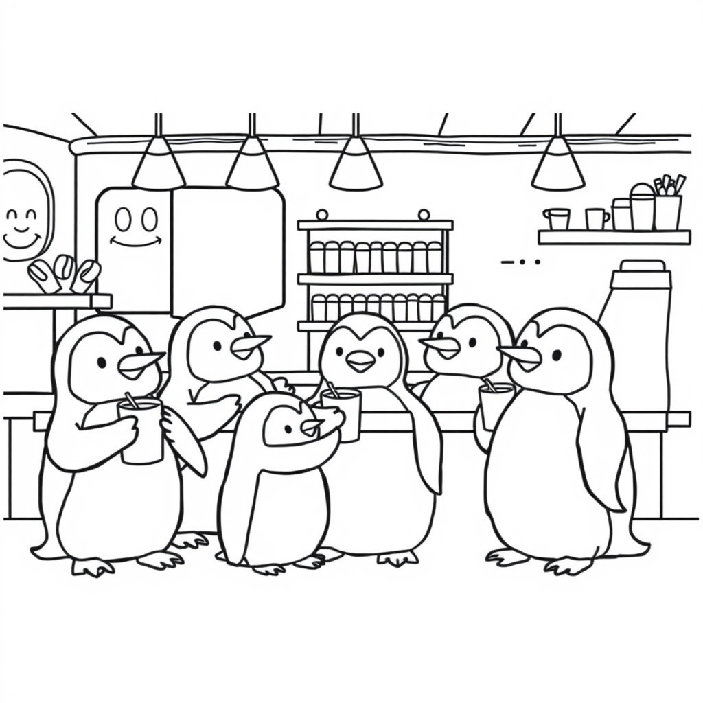 Penguins Run Coffee Shop coloring page