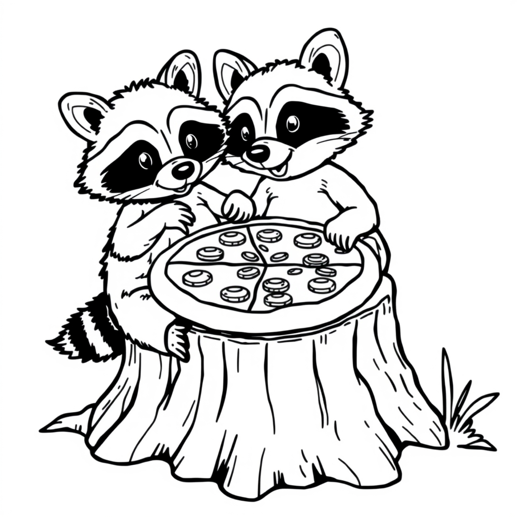Raccoons Share Pizza coloring page