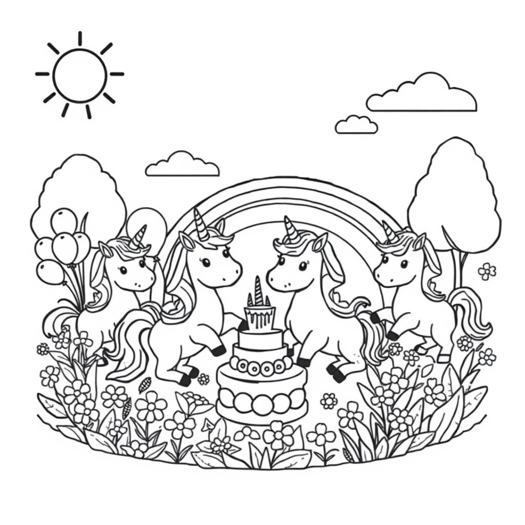 Rainbow Unicorn Garden Party coloring page
