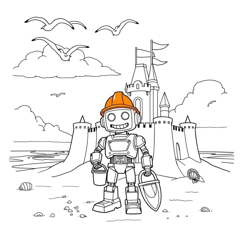 Robot Builds a Beach Castle coloring page