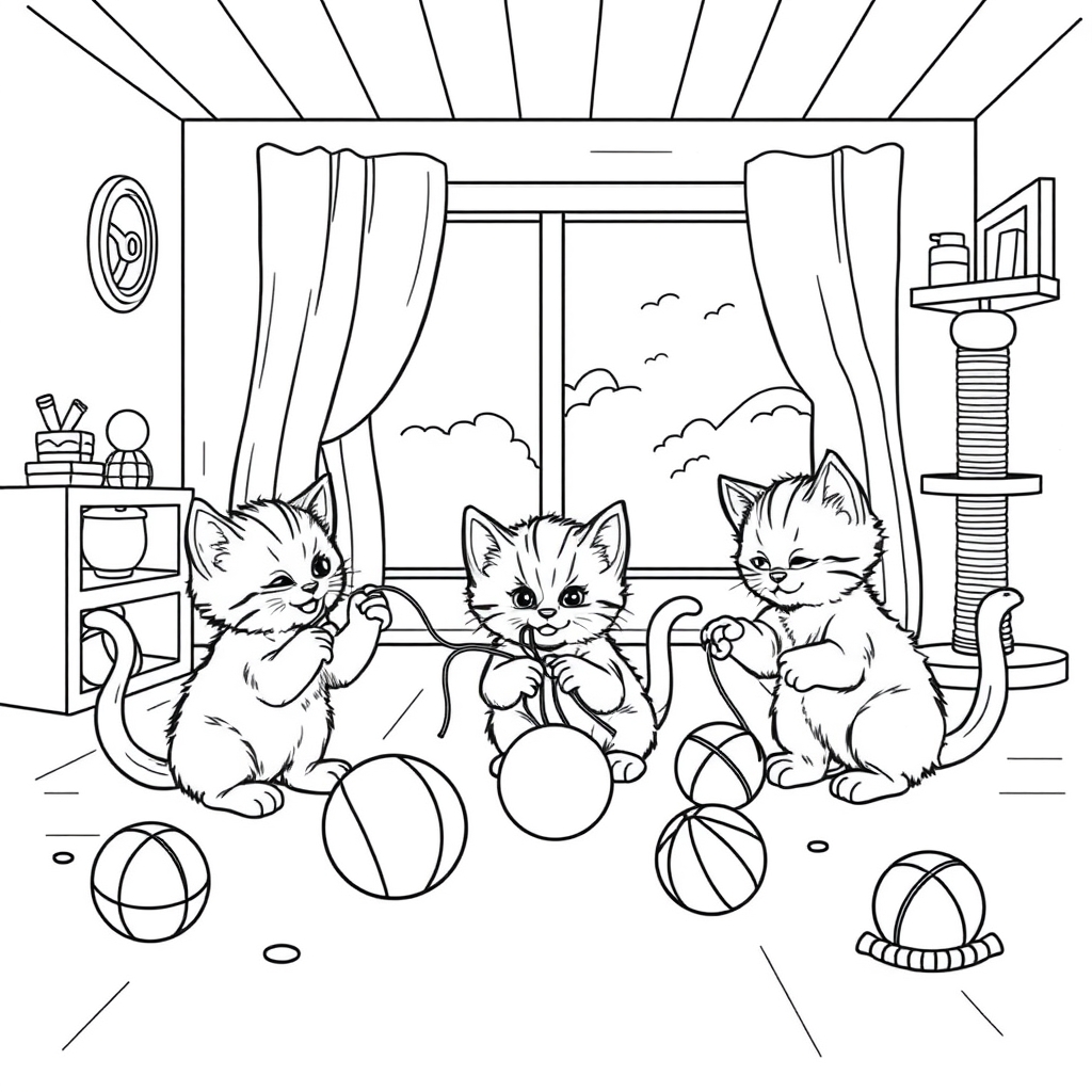 Three Kittens At Play coloring page