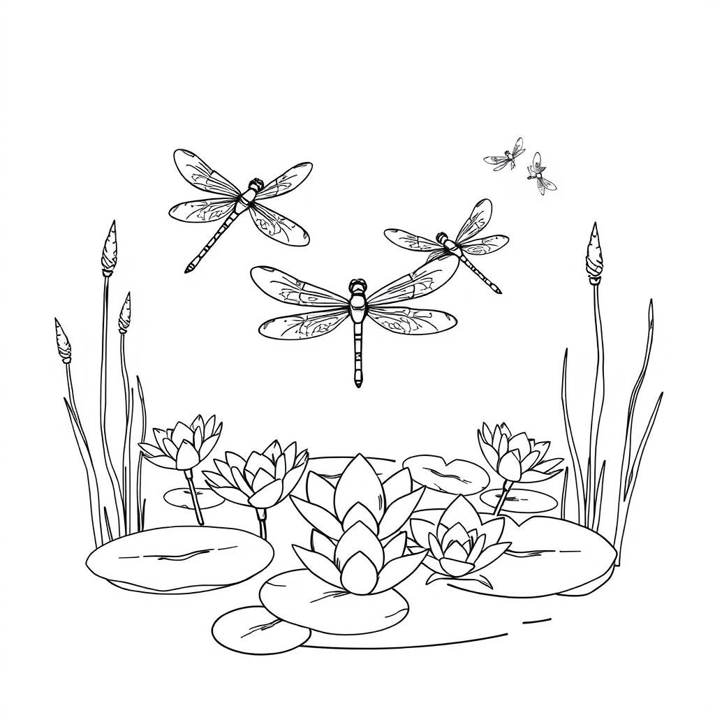 Dragonflies Hovering Over a Lily Pond
