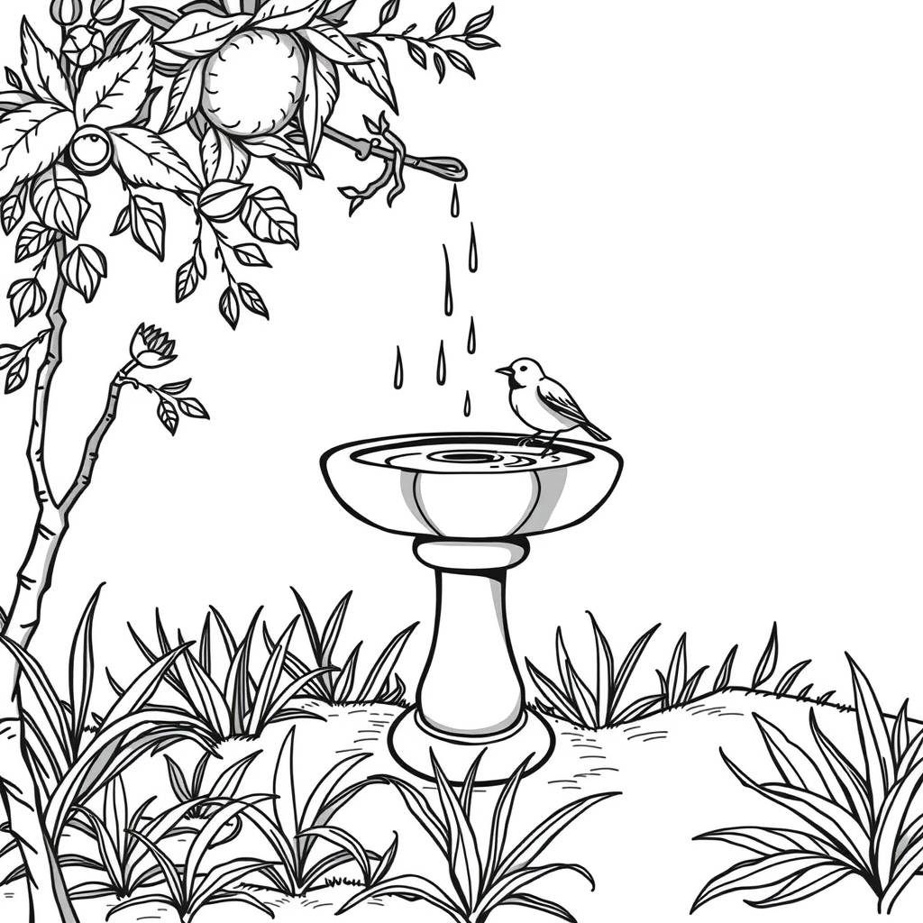 Rainy Birdbath Scene
